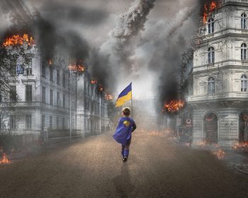 Ukraine in Flammen, Junge mit Flagge